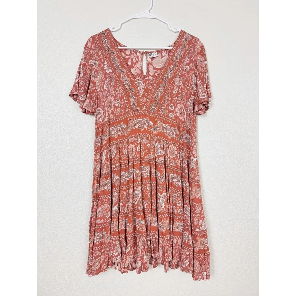 Bila 77 Terracotta Paisley Floral Tiered Boho Mini Dress Small - Picture 1 of 9